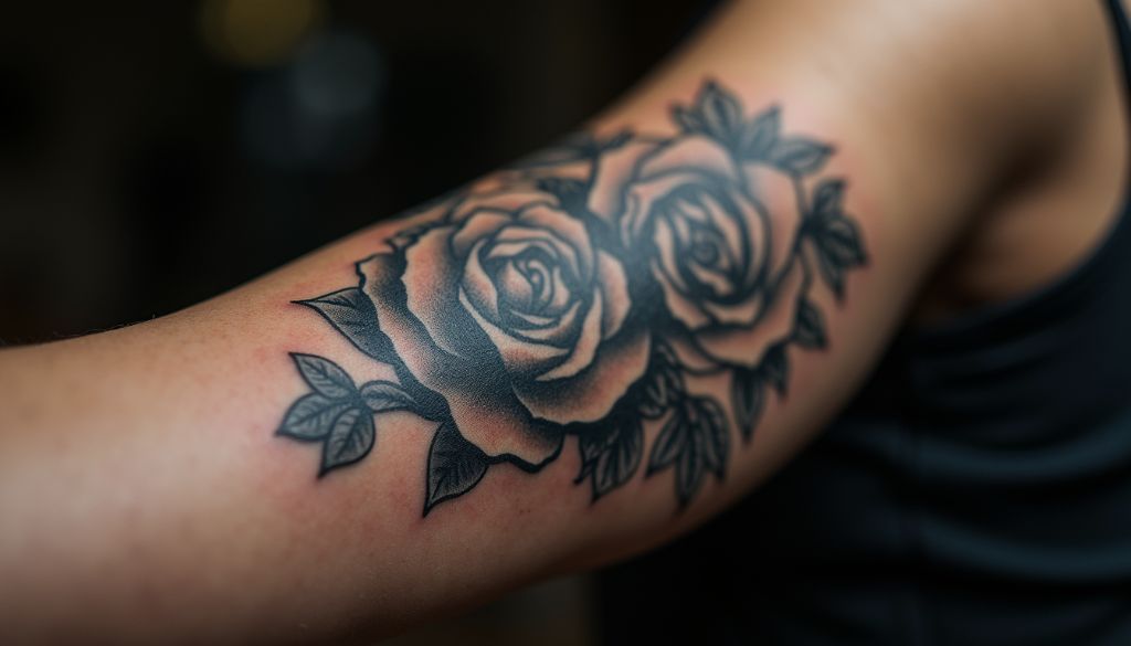 A black and grey rose tattoo wrapped around an upper arm.